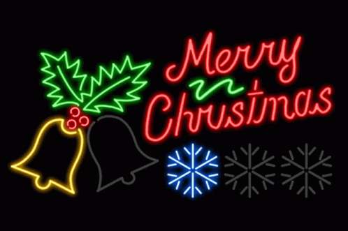 Neon Sign That Says Merry Christmas With Bells And Snowflakes GIF