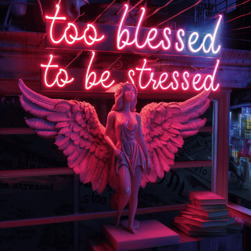 Neon Sign Too Blessed To Be Stressed Above Statue GIF