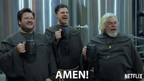 Netflix Ad With Three Monks Holding Beer Mugs Saying Amen