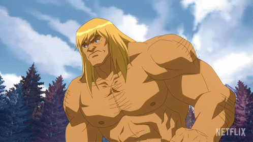 Netflix Shirtless Cartoon Character in Front of Trees