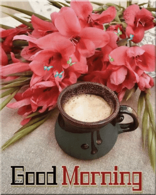 New Good Morning Pink Flower With Coffee GIF