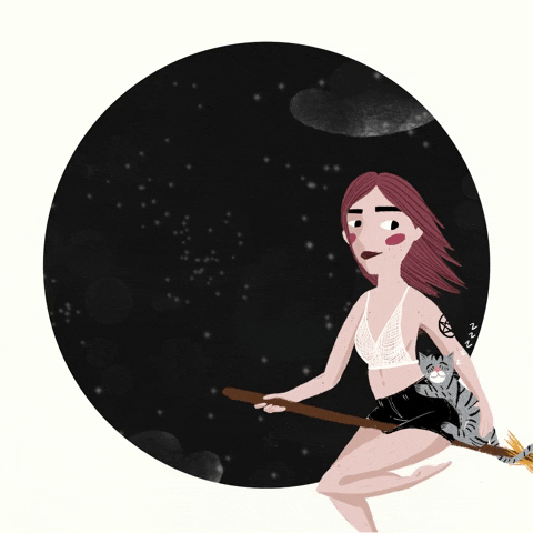 Night Sky Flying Witch Cat GIF