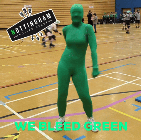 Nottingham Roller Derby Poster Person in Green Suit