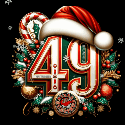 Number 49 With Santa Hats Candy Canes And Holly GIF