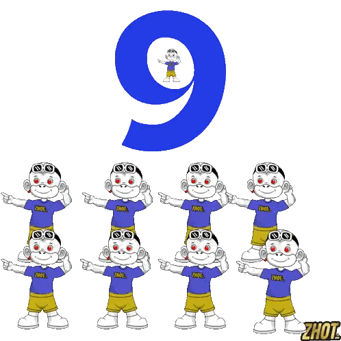 Number 9 Surrounded by Monkeys in T-Shirts