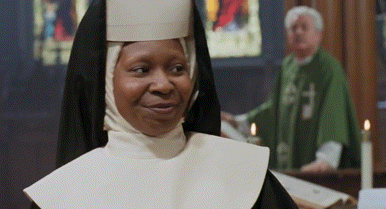 Nun Smiling in Front of Priest