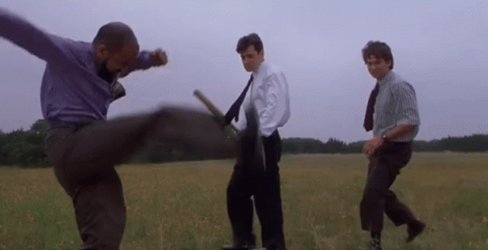 Office Space Film Workers Kicking Printer To Destroy GIF
