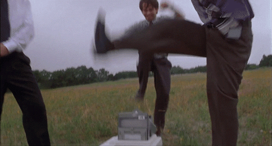 Office Space Movie Workers Destroying Printer In Field GIF