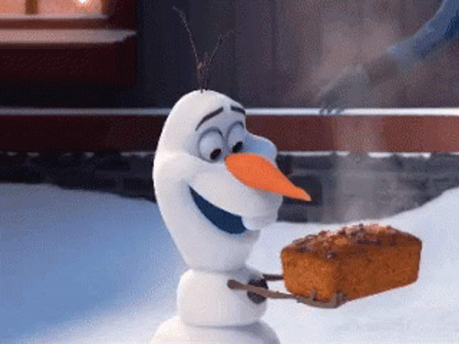 Olaf Snowman Holding Fruit Cake GIF