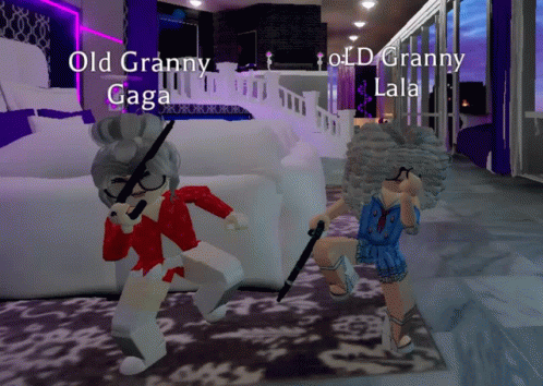 Old Granny Gaga And Old Granny Lala Are Standing Next To Each Other In A Room GIF