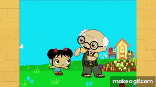 Old Man and Little Girl Standing in Garden