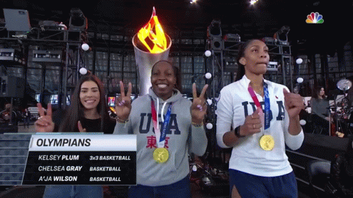 Olympians Kelsey Plum Chelsea Gray And A Ja Wilson Pose For A Picture GIF