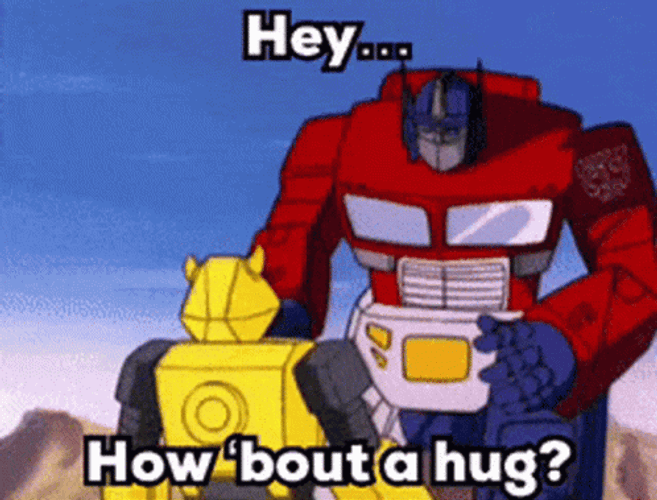 Optimus Prime Hugging Bumblebee GIF
