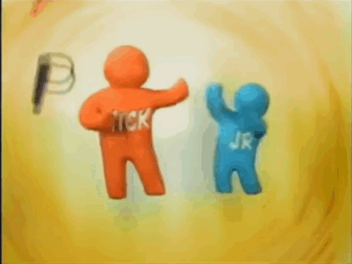 Orange And Blue Cartoon Characters Holding Hands GIF