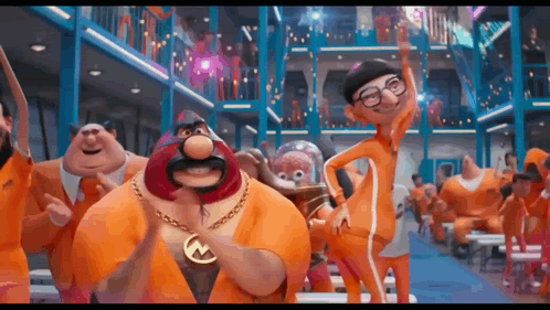 Orange Jumpsuit Cartoon Characters Dancing in Prison Cell
