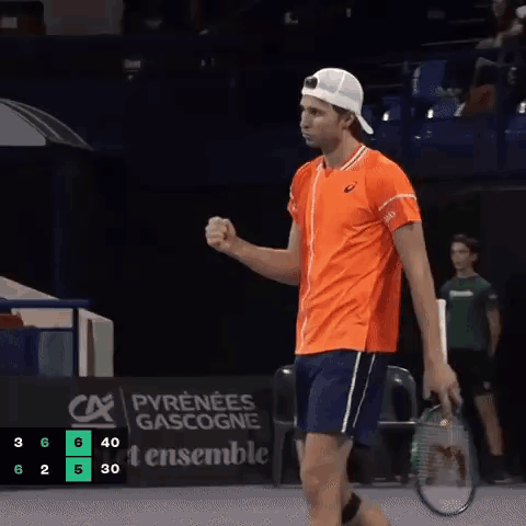 Orange Shirt Man Holding Tennis Racquet Scoreboard CA