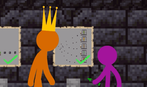Orange Stick Figure With Crown And Purple Stick Figure With Green Check Mark GIF