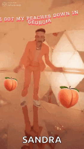 Orange Suit Man Holding Peaches Saying I Got My Peaches Down in Georgia