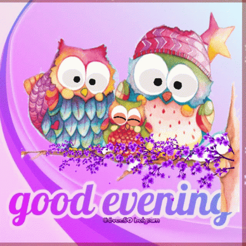 Owls on Branch Saying Good Evening
