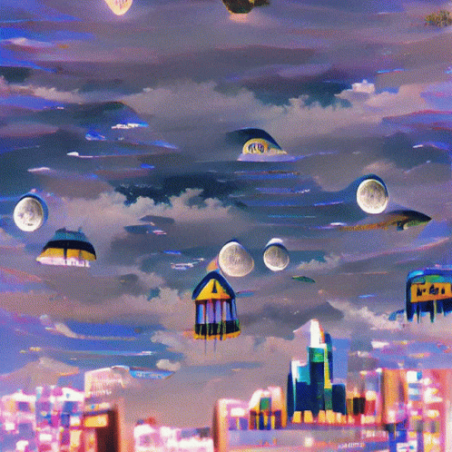 Painting of City Skyline With Houses and Multiple Moons