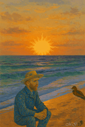 Painting of Man Sitting on Beach With Letters MG