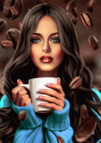 Painting of Woman Holding Cup of Coffee