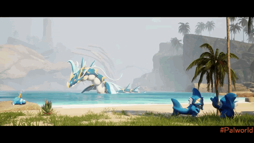 Palworld Dinosaur Water Fight GIF