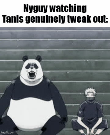 Panda Bear and Man Sitting on Steps