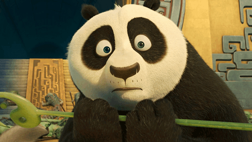 Panda Bear Holding Bamboo Stick in Front of Chinese Characters