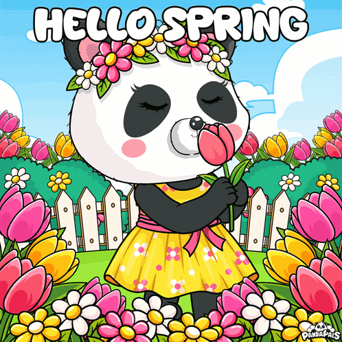 Panda Bear in Flower Crown Holding Flower Hello Spring