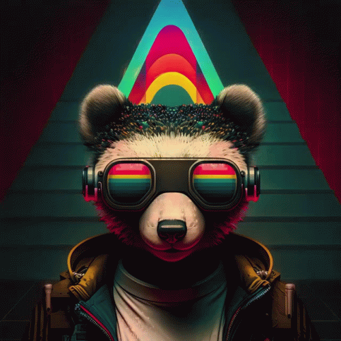 Panda Bear In Goggles And Headphones In Front Of Colorful Pyramid GIF