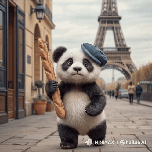 Panda Bear In Hat Holding Bread GIF