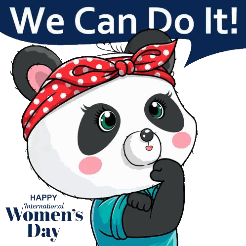 Panda Bear in Red Polka Dot Headband Saying We Can Do It