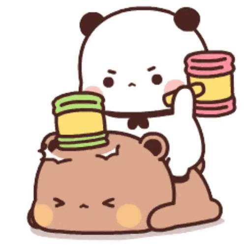 Panda Bear Sitting on Brown Bear Holding Two Cans
