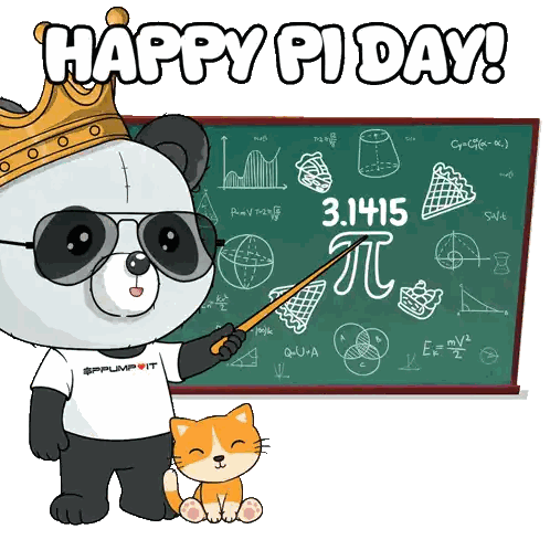 Panda Bear Standing in Front of Happy Pi Day Blackboard
