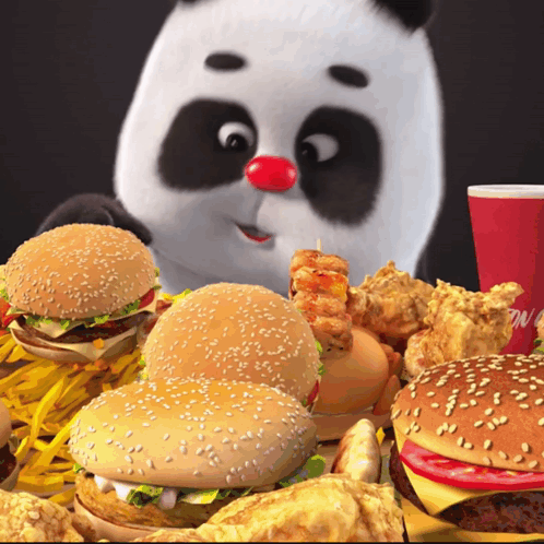 Panda Bear Surrounded by Hamburgers and Fries