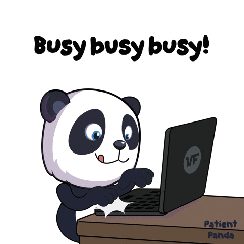 Panda Bear Typing on Laptop Says Busy Busy Busy