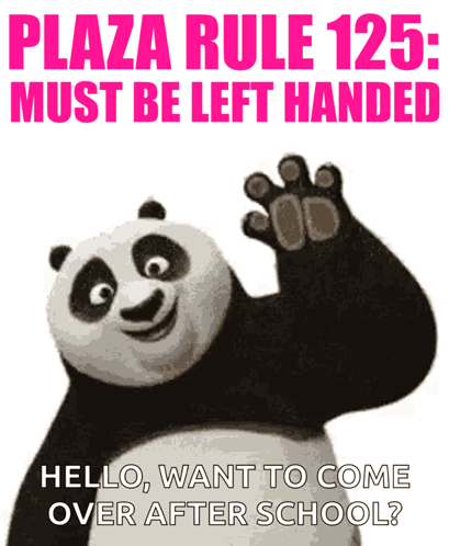 Panda Bear Waving in Front of Plaza Rule 125 Sign