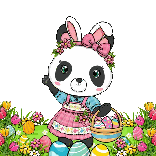 Panda Bear Wearing Bunny Ears Holding Easter Basket