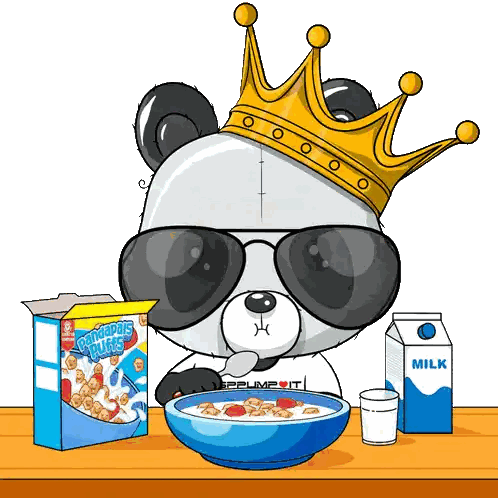 Panda Bear Wearing Crown and Sunglasses Eating Cereal