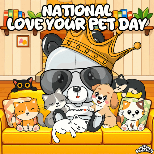 Panda Bear Wearing Crown Surrounded by Cats and Dog on Couch for National Love Your Pet Day