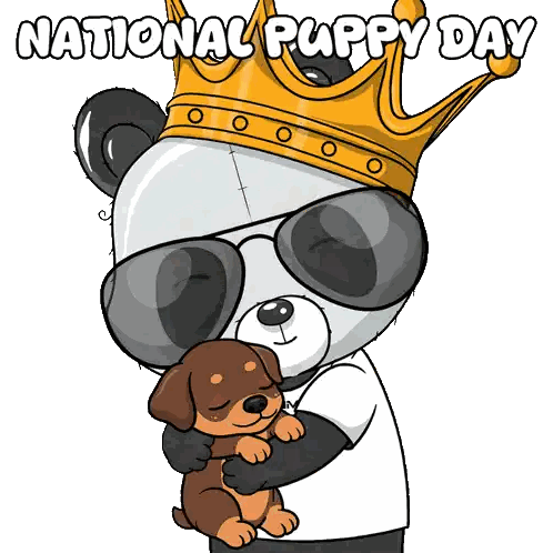 Panda Bear Wearing Sunglasses and Crown Holding Puppy