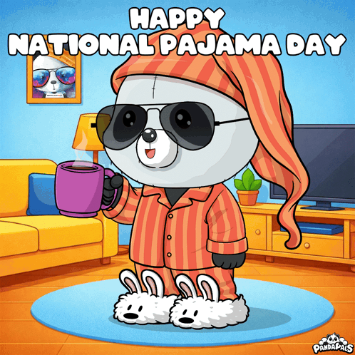 Panda In Pajamas Holding Coffee For National Pajama Day GIF