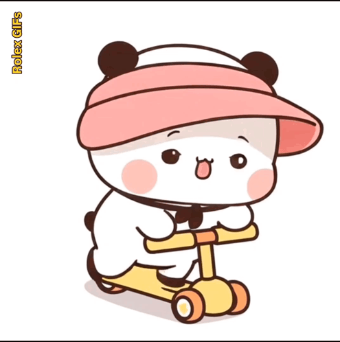 Panda In Pink Hat Riding Scooter GIF