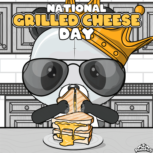 Panda in Sunglasses and Crown Eating Sandwich for National Grilled Cheese Day