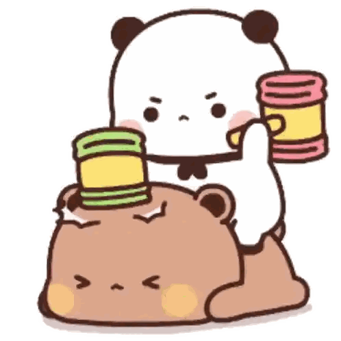 Panda Sitting on Brown Bear Holding Cans