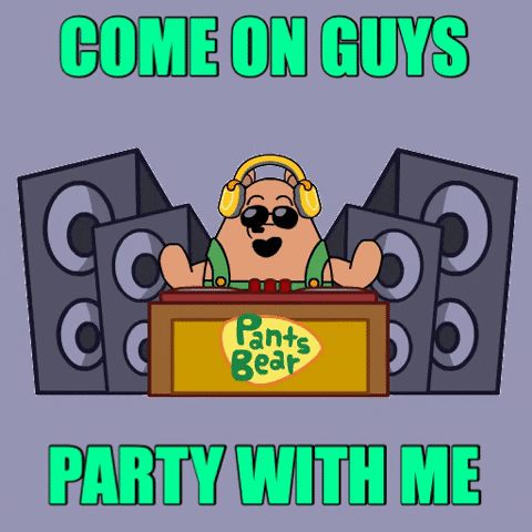 Pants Bear Says Come On Guys Party With Me In Green Letters GIF