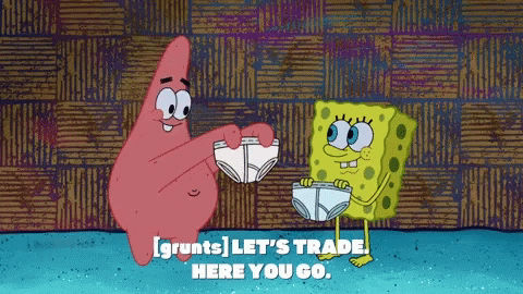 Patrick And Spongebob Holding Underwear Grunts Let's Trade Here You Go GIF