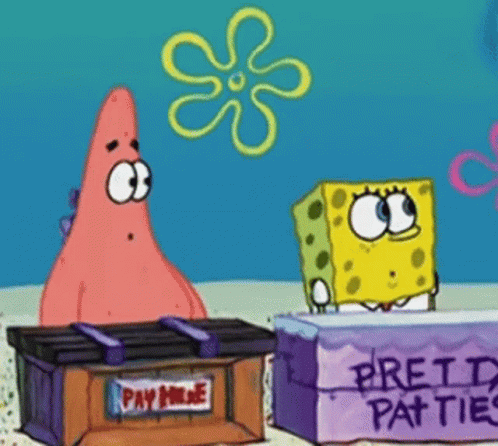 Patrick Star And Spongebob Are Standing Next To Each Other In Front Of A Box That Says Pay Here GIF