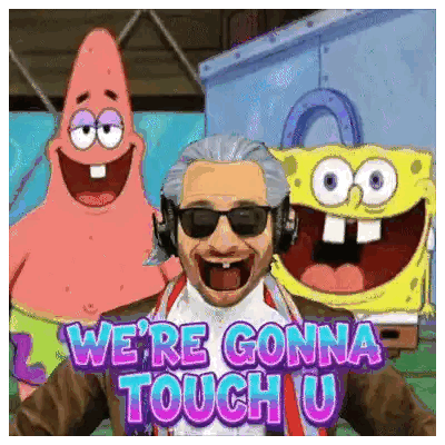 Patrick Star and SpongeBob Next to Man with Headphones